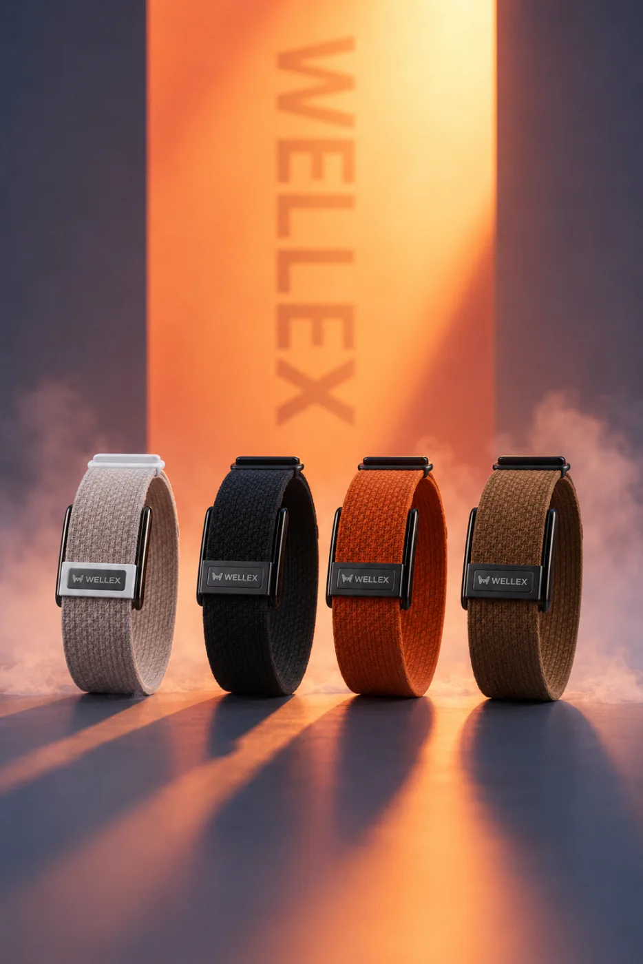 Four Wellex bands on an orange background