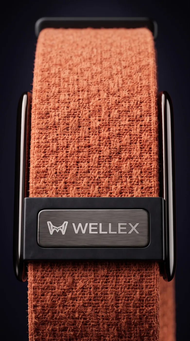 A close view of the woven strap in rust